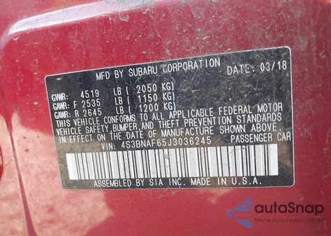 2018 Subaru Legacy 2.5I Premium z USA, uszkodzony, nr VIN 4S3BNAF65J3036245